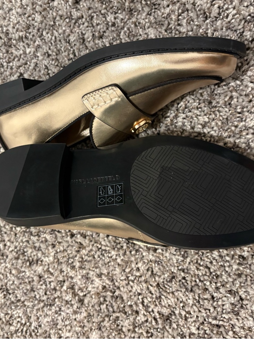 Karl Lagerfeld Metallic Gold Leather Penny Loafers with Medallion - Picture 5 of 5